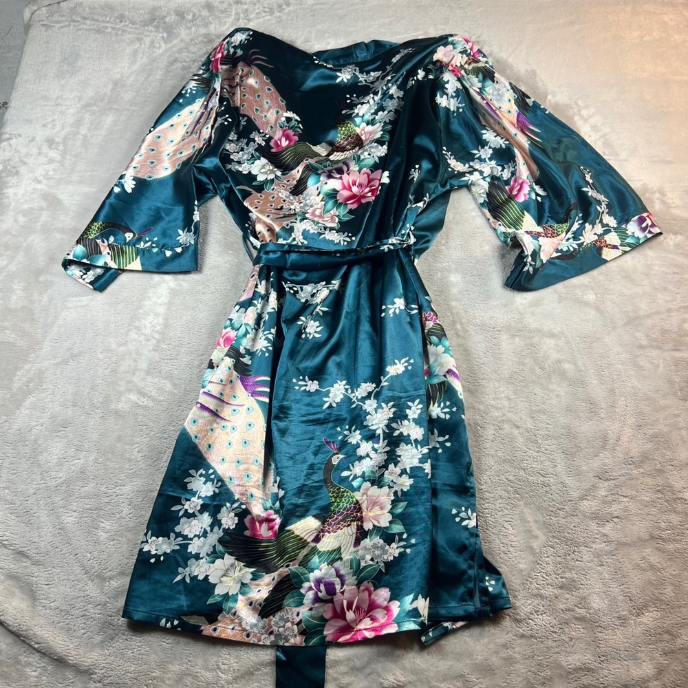 KIM + ONO Women OS Kimono Robe Teal Blue Peacock Floral Satin Short Wrap - Picture 5 of 5